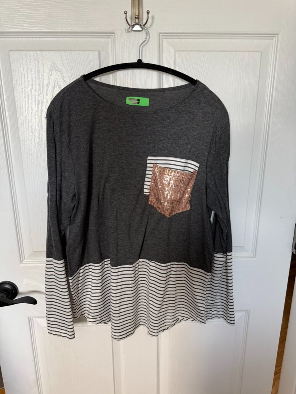 Amazon Grey Striped Long Sleeve Glitter Pocket Accent
